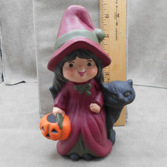 Trick or Treat Witch Girl w/Black Cat 7" Tall Vintage Ceramic Hand Painted - Picture 2 of 6